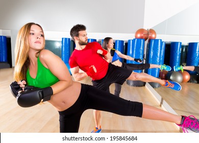 Boxing Aerobox Group Low Kick Training At Fitness Gym Mirror