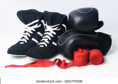 Boxing Concept: Shoes And Training Equipment, Isolated On White