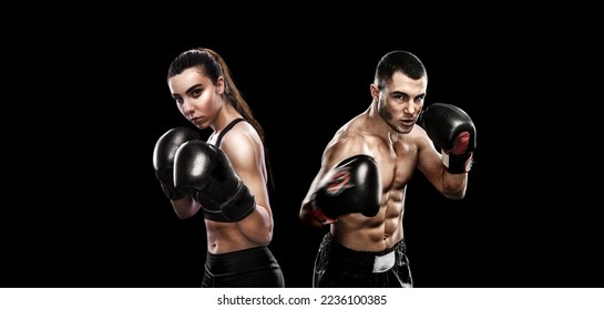 Boxing concept. Sports betting. Design for a bookmaker. Download banner for sports website. Two boxers isolated on a black background.