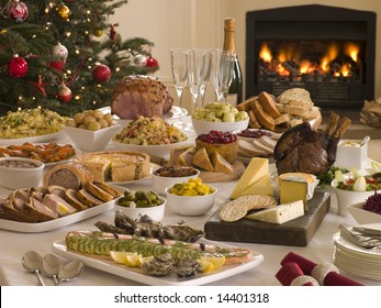 Boxing Day Buffet Lunch, Christmas Tree And Log Fire