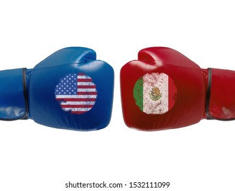 Boxing Gloves Punching Each Other Symbolising Conflict Strugles Or Simply Rivalries Between Countries Or States, Sports Match Or Any Kind Of Duel. Isolated On White, No People