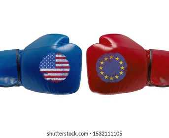 Boxing Gloves Punching Each Other Symbolising Conflict Strugles Or Simply Rivalries Between Countries Or States, Sports Match Or Any Kind Of Duel. Isolated On White, No People