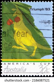 Boxing Kangaroo Flag - Australia, circa 1986: postage stamp of the America's Cup Triumph series.