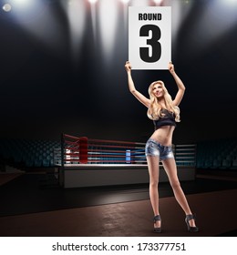 Boxing Ring Girl Holding A Board. High Resolution