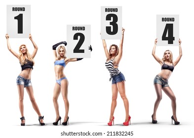 Boxing ring girls holding a board with round number isolated on white background. set.  High resolution 