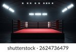 Boxing ring with a red canvas and red ropes in a large stadium illuminated by bright lights. Empty arena. boxing ring, red, ropes, stadium, lights, empty, arena, sport, fight, competition.
