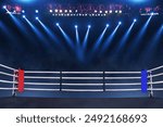 Boxing ring with ropes with blue spotlights and smoke. Boxing tournament for the championship. Boxing Championship. Fight night