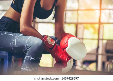 Boxing Woman Prepare To Trianing Session And Kickboxing, Workout At Thai Boxing Gym. Fit Female Exercise Hard To Strengther Muscle. Healthy Concept.