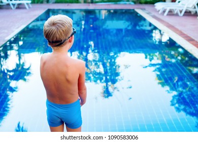 Boy Afraid Expects Before Jump In Swimming Pool Blue Water