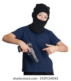 Boy In Balaclava Or Mask With Pistol Posing In Gangster Style On Isolated Background. Child Crime Symbol