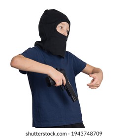 Boy In Balaclava Or Mask With Pistol Posing In Gangster Style On Isolated Background. Child Crime Symbol