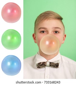 Boy Blowing A Bubblegum Bubble Isolated On Green. Plus Three Blanks