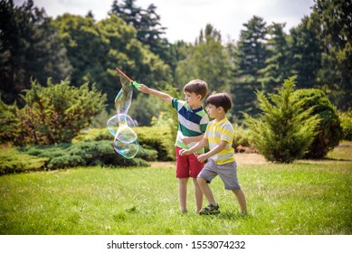 Boy blowing soap bubbles while an excited kid enjoys the bubbles. Happy teenage boy and his brother in a park enjoying making soap bubbles. Happy childhood friendship concept.