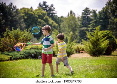 Boy Blowing Soap Bubbles While An Excited Kid Enjoys The Bubbles. Happy Teenage Boy And His Brother In A Park Enjoying Making Soap Bubbles. Happy Childhood Friendship Concept.