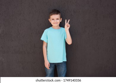 A Boy With Brown Hair In A Blue T-shirt Stands And Smiles Holding Up Two Fingers Against The Brown Wall.