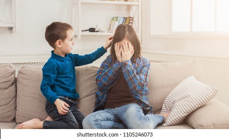 Boy Calm Down His Crying Sister At Home, Closeup. Brother Supporting Sad Girl. Family Consoling And Care, Copy Space