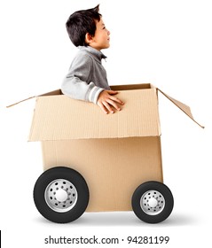 Boy In A Car Made Of Cardboard Box - Express Delivery Concepts