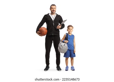 Boy carrying a sportsbag and standing with baskeball coach isolated on white background

 - Powered by Shutterstock