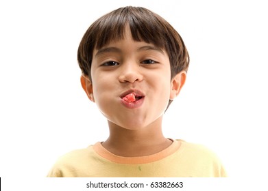 Boy Chewing Gum With Open Mouth