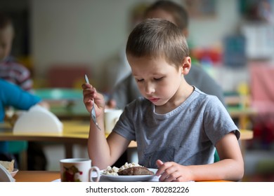 Boy Child Does Not Want To Eat. Bad Appetite. Eating In Kindergarten