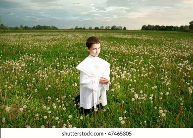 Boy Child Portrait In His First Holy Communion, Praying Hands, Clear Conscience