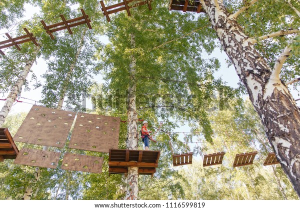 Boy with climbing gear in an\
adventure park are engaged in rock climbing or pass obstacles on\
the rope road. Rope park in pine wood forest against the\
sky