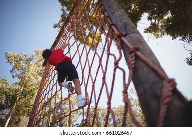 Boy climbing a net during obstacle course in camp