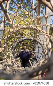 A Boy Climbing Through A Tunnel Of Nets Which Construct By Ropes