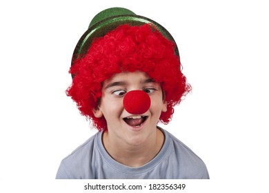 Boy With Clown Nose And Hat Isolated On White Background