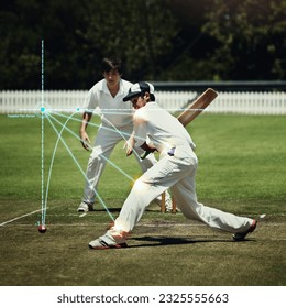 Boy, cricket or body injury on sports field with glowing, red and ai generated effect from batting action. Kid, child or batting athlete with stress, graph hologram or muscle pain from wicket mistake - Powered by Shutterstock