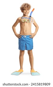 Boy with a dive mask and swimming flippers isolated on white background