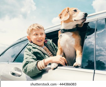 Boy And Dog Look Out From Car Window