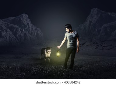 Boy With Dog At Night