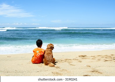 A Boy And A Dog Sitting On The Beach