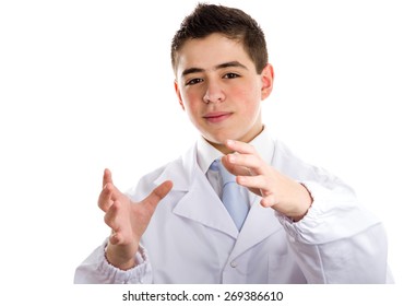 Boy dressed as a doctor is moving hands as to reach viewers, catch something and drive to him. This means drive attention and give importance at the same time to viewers. not retouched dskin