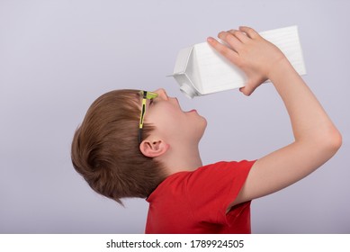 Boy Drinking Milk Or Juice From Pack, White Background. Copy Space. Template. Mockup.