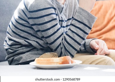 Boy Eating Grilled Cheese Sandwich.