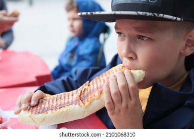 The Boy Is Eating A Grilled Sandwich.