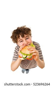 Boy Eating Healthy Sandwich Isolated On White Background 