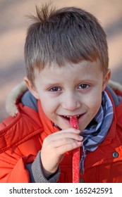 The boy eats a candy cable