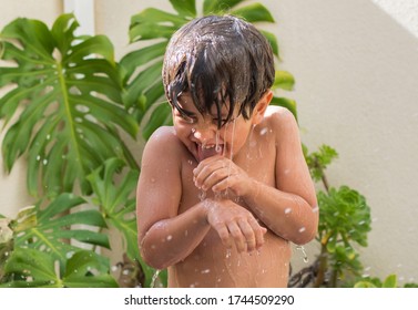 Boy Enjoying Summer In The Pool At Home. Boy Playing In The Kiddie Pool In The Backyard. Summer At Home Concept