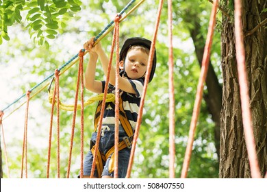 Boy Enjoys Climbing In The Ropes Course Adventure.