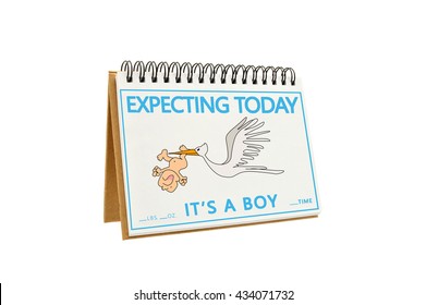 It's A Boy Expecting Today Stork Flying With Newborn Baby Calendar Page Isolated On White Background