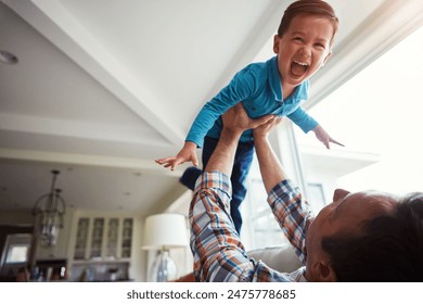 Boy, father and excited on couch for airplane game, playful and bonding with care, love and laughing in house. Dad, boy and lifting for plane, happiness and flying on sofa in lounge at family home - Powered by Shutterstock