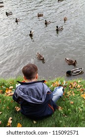 Boy feeding the ducks in the pond. Autumn.