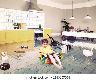 boy in the flooded room. Media elements mixed