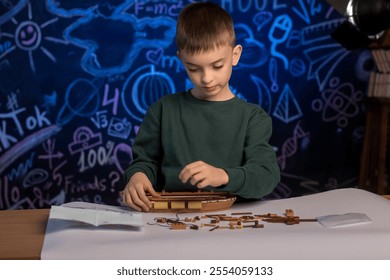 Boy focused on assembling a ship model in an educational setting, surrounded by colorful chalkboard art. Represents curiosity, creativity, and exploration.