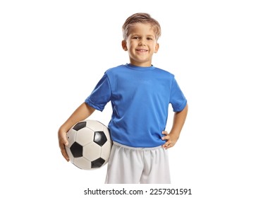 Boy in a football jersey posing with a ball isolated on white background - Powered by Shutterstock