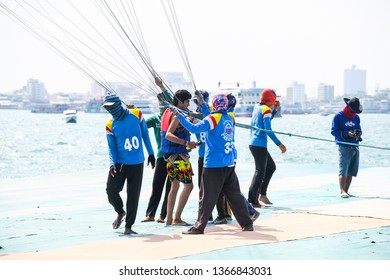 Boy Getting Ready For Parachute Ride With Gopro Camera In Hand In Air Flight Background Blue Sky Travel Summer, Para Sailing In Pattaya City Thailand ,9th February 2019