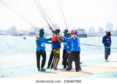 Boy Getting Ready For Parachute Ride With Gopro Camera In Hand In Air Flight Background Blue Sky Travel Summer, Para Sailing In Pattaya City Thailand ,9th February 2019